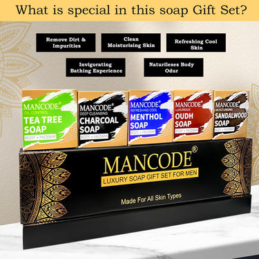 Mancode Luxury Soap Gift Set For Men Pack With 5 unique Soap Bars | Tea Tree, Sandalwood, Oudh, Activated Charcoal & Menthol | Daily Bathing Bar Soap For Men For All Skin Types. (Pack of 5) 625g